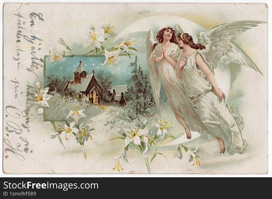 Ethereal Vintage Christmas Postcard: Angels, Winter Church, Lilies & Handwritten Swedish Greeting (1905