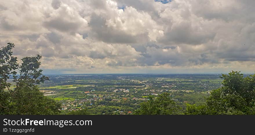 Landscape horizon from top view in front of cloudy sky