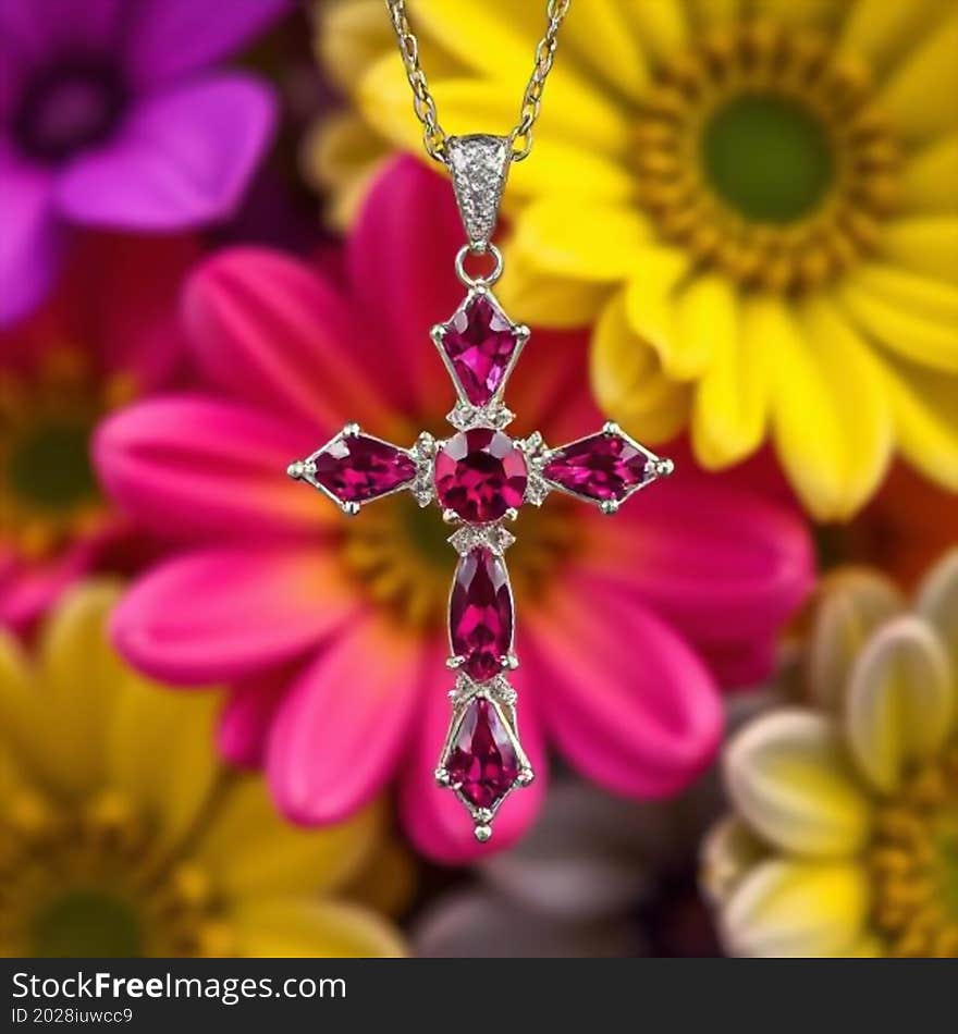 Elegant diamond and ruby cross pendant, a timeless symbol of faith and luxury, set in precious metal. Elegant diamond and ruby cross pendant, a timeless symbol of faith and luxury, set in precious metal.