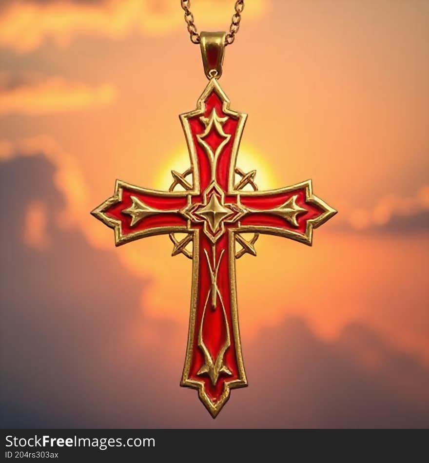 Gold and red enamel cross pendant catches the sunlight, sparkling brightly and symbolising faith in its brilliance. Gold and red enamel cross pendant catches the sunlight, sparkling brightly and symbolising faith in its brilliance.