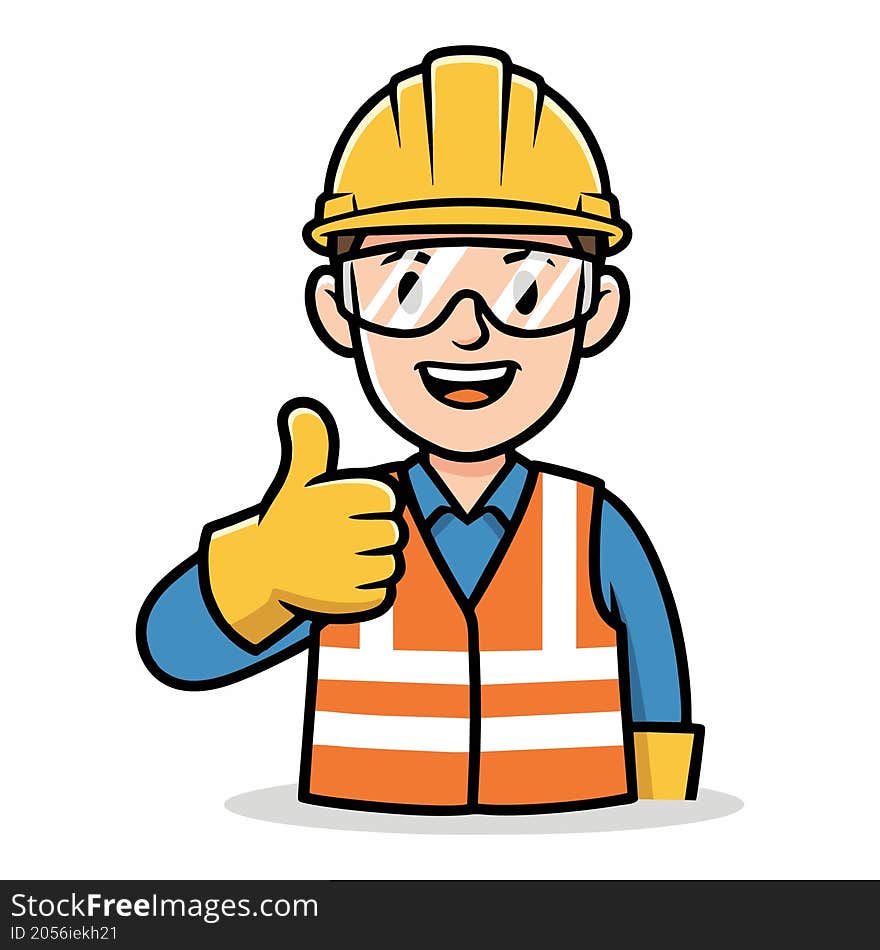 Happy Cartoon Construction Worker Giving Thumbs Up in Safety Gear (Vector Illustration)