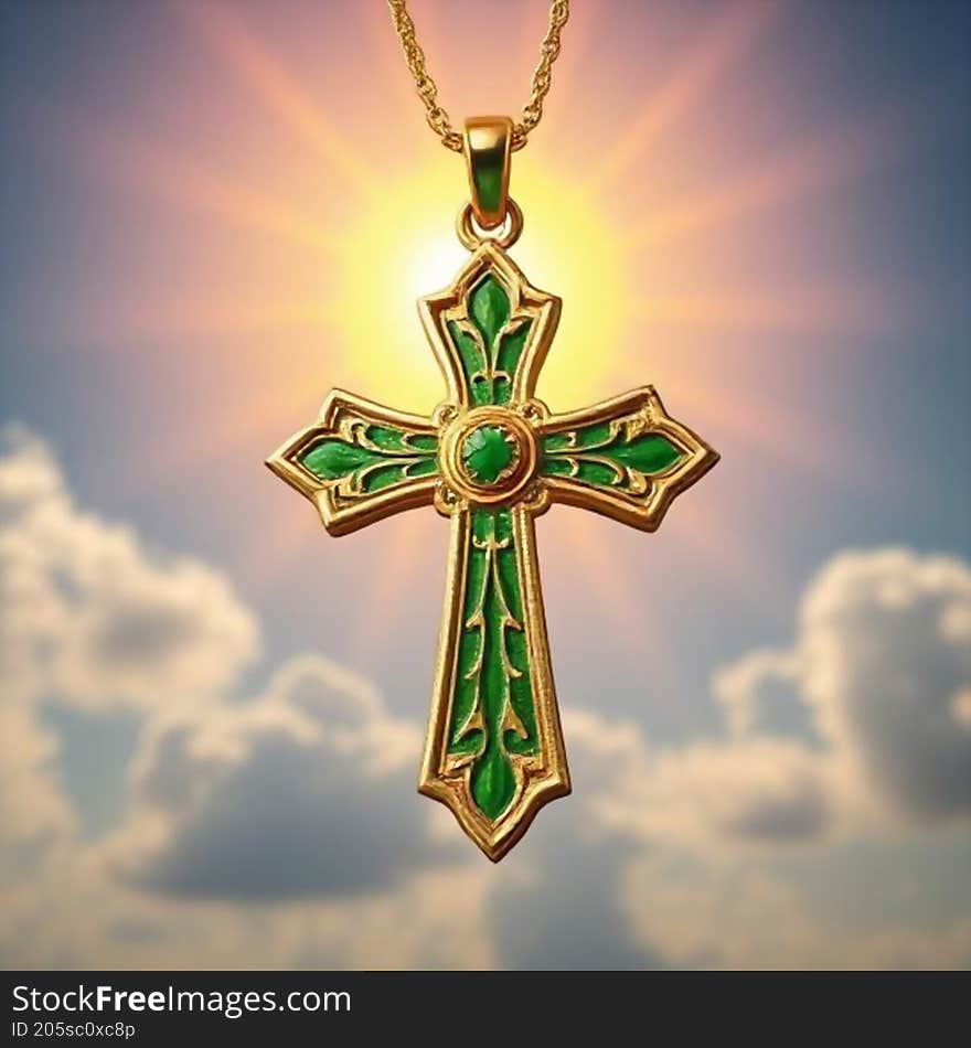 Gold and green enamel cross pendant catches the sunlight, sparkling brightly and symbolising faith in its brilliance. Gold and green enamel cross pendant catches the sunlight, sparkling brightly and symbolising faith in its brilliance.