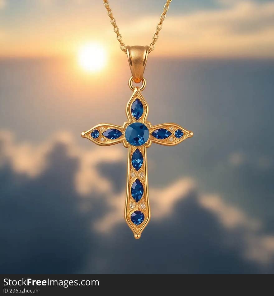 Blue sapphire cross pendant catches the sunlight, sparkling brightly and symbolising faith in its brilliance. Blue sapphire cross pendant catches the sunlight, sparkling brightly and symbolising faith in its brilliance.