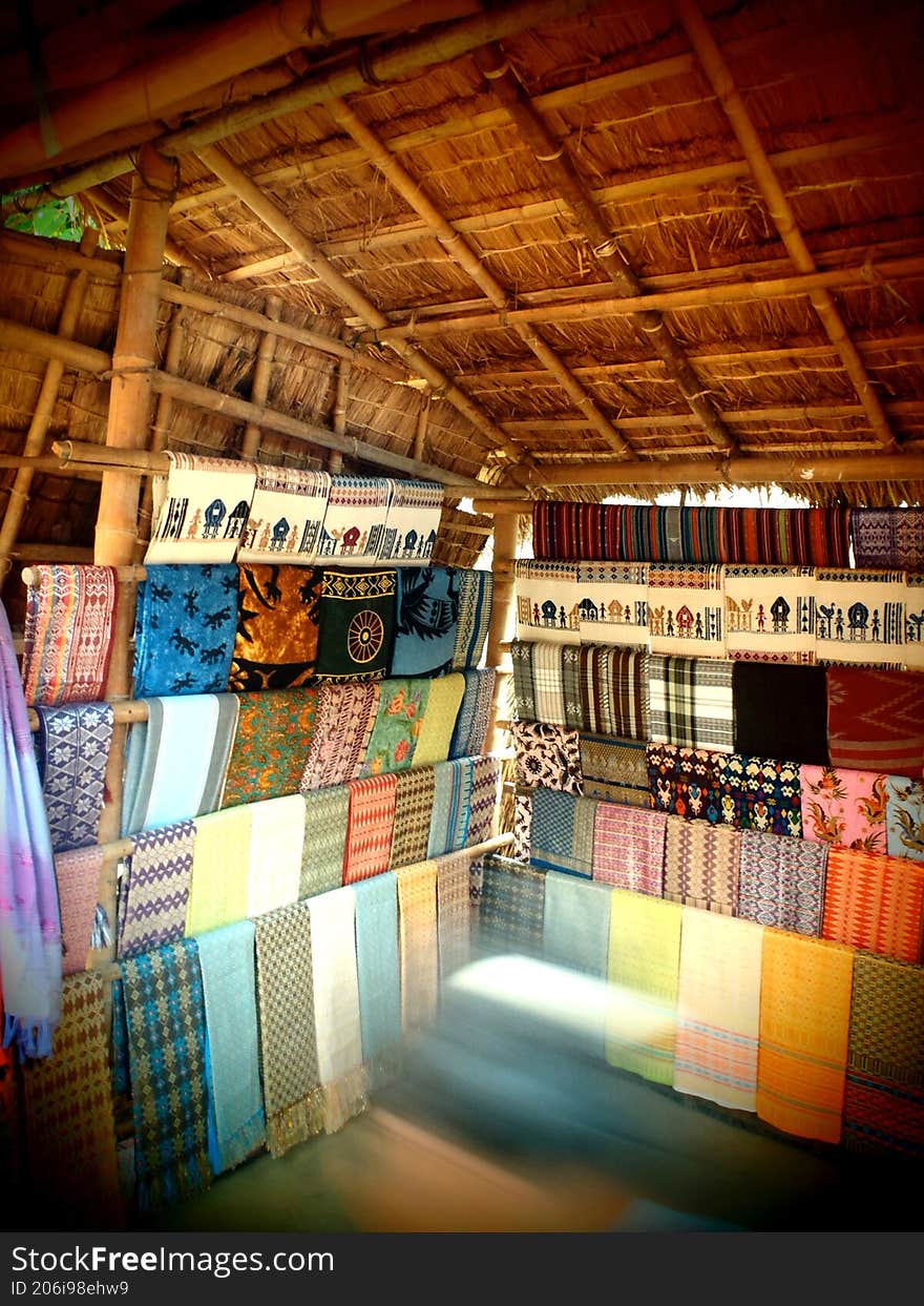 A display of woven fabrics in a village on Lombok Island, Indonesia