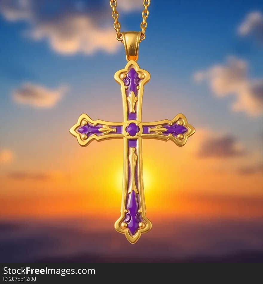 Gold and purple enamel cross pendant catches the sunlight, sparkling brightly and symbolising faith in its brilliance. Gold and purple enamel cross pendant catches the sunlight, sparkling brightly and symbolising faith in its brilliance.