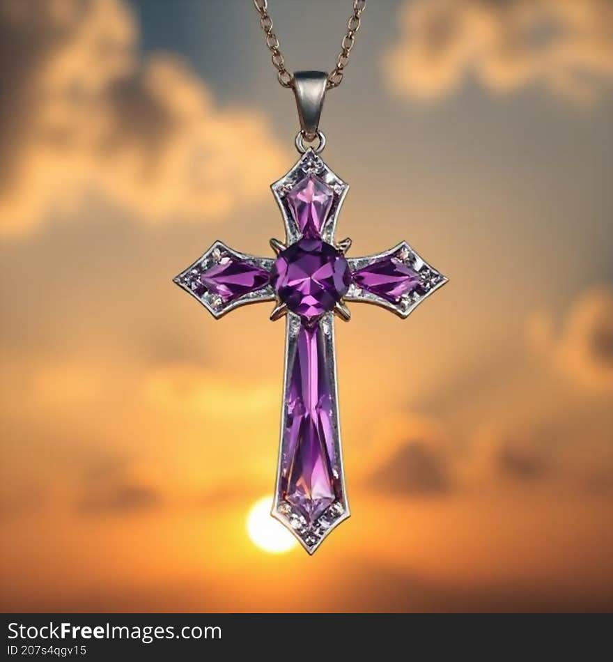 Amethyst cross pendant catches the sunlight, sparkling brightly and symbolising faith in its brilliance. Amethyst cross pendant catches the sunlight, sparkling brightly and symbolising faith in its brilliance.