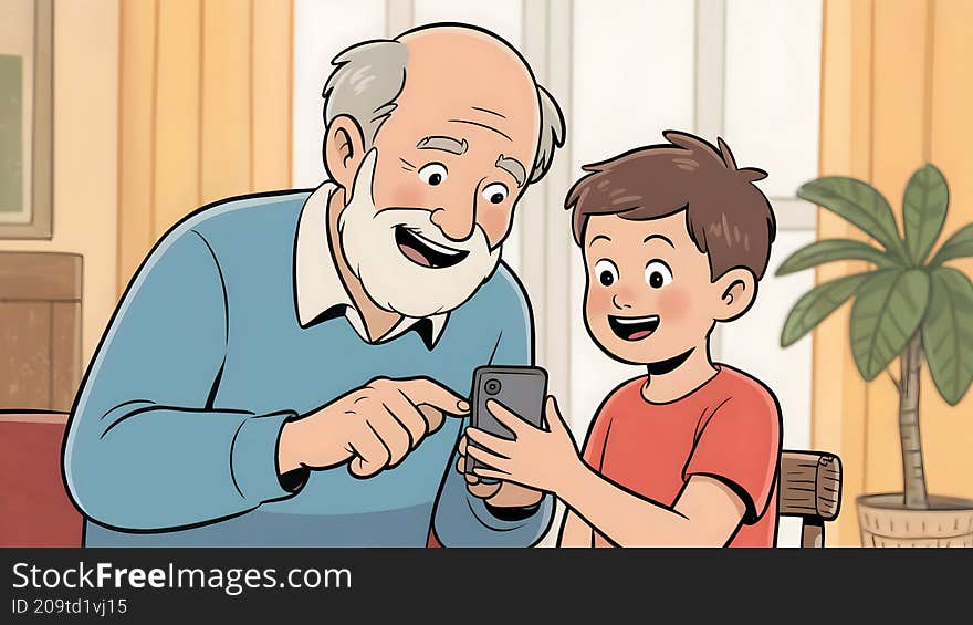 A heartwarming cartoon illustration of a happy grandpa teaching his grandchild to use a smartphone. AI generated image symbolizing love, family bond, and intergenerational learning. A heartwarming cartoon illustration of a happy grandpa teaching his grandchild to use a smartphone. AI generated image symbolizing love, family bond, and intergenerational learning.
