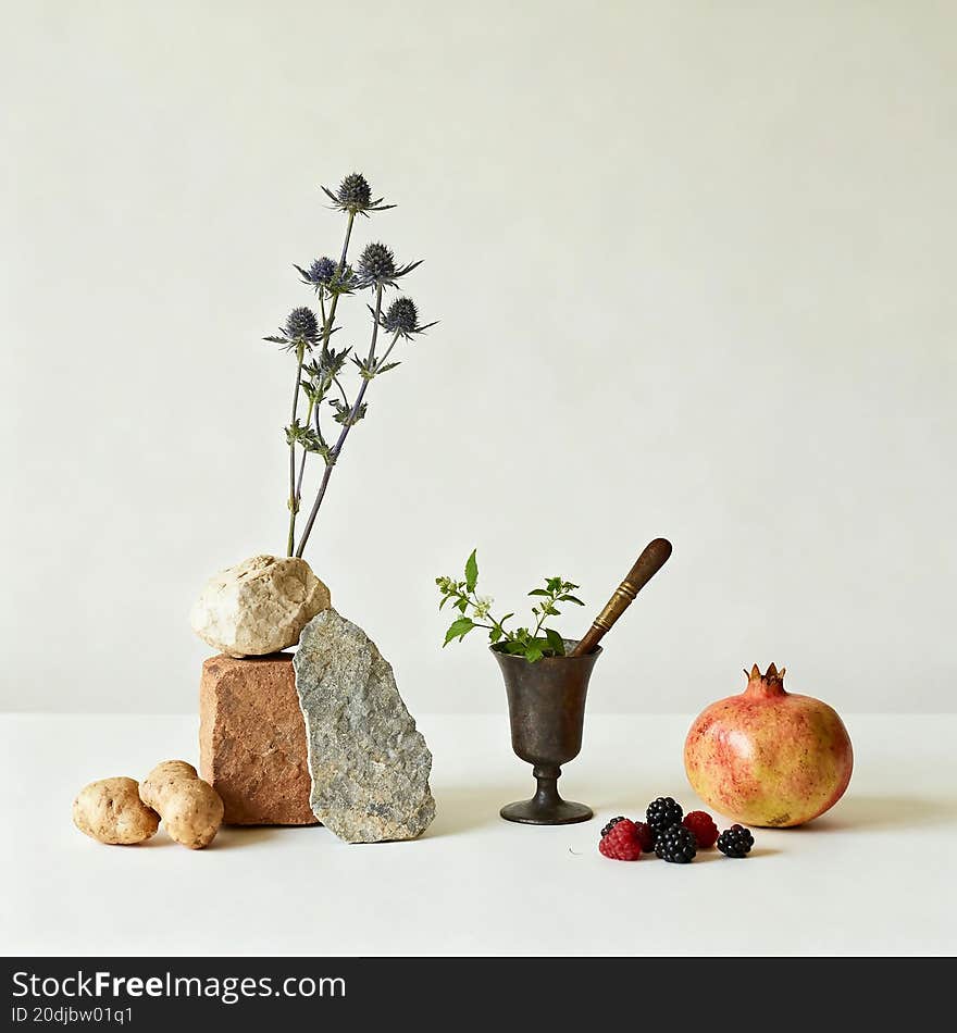 Minimalist still life composition highlighting the essence of unique, non-clich� objects with a focus on local and seasonal features