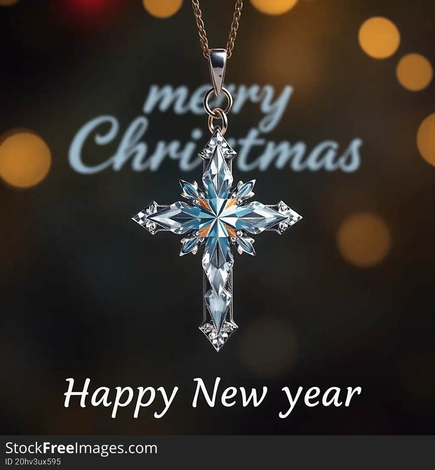 Diamond Cross with a Merry Christmas and Happy New Year background AI generated