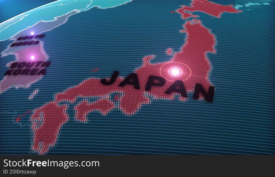 This image is a stylized digital map focusing on Japan and parts of East Asia, including South Korea and North Korea, 3d rendering