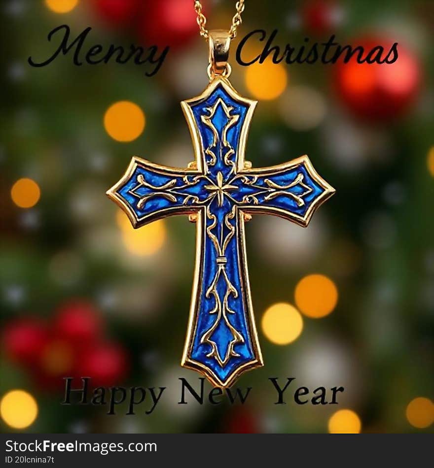 Gold and blue sapphire cross pendant featuring the phrase Merry Christmas and Happy New Year combines elegance and festive spirit, making it a perfect gift for the holiday season. Gold and blue sapphire cross pendant featuring the phrase Merry Christmas and Happy New Year combines elegance and festive spirit, making it a perfect gift for the holiday season.