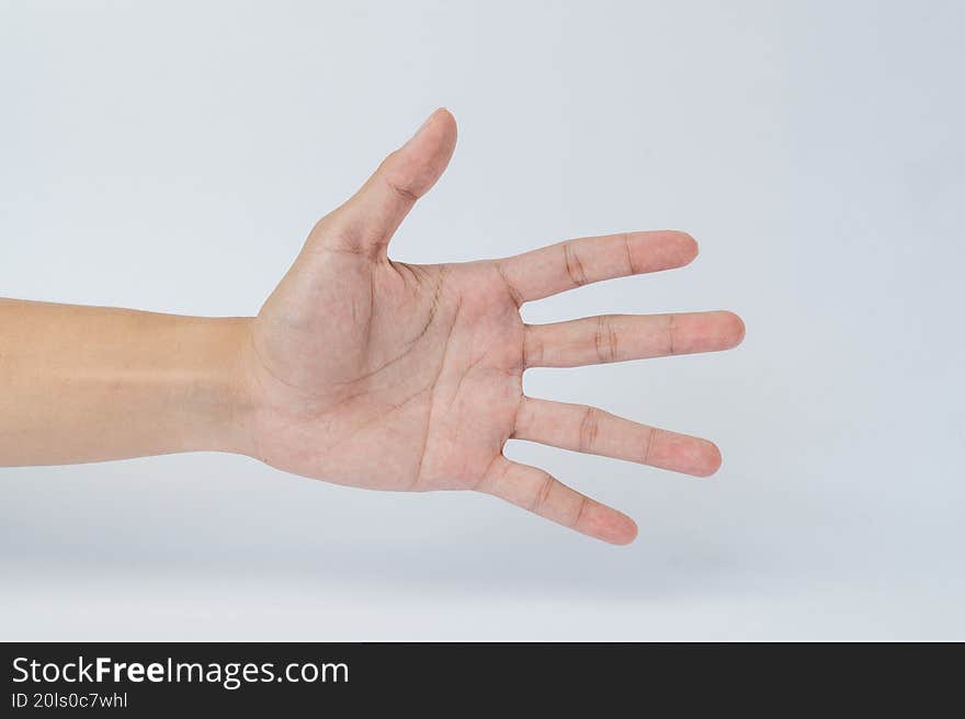 Hand showing five fingers gesture on white
