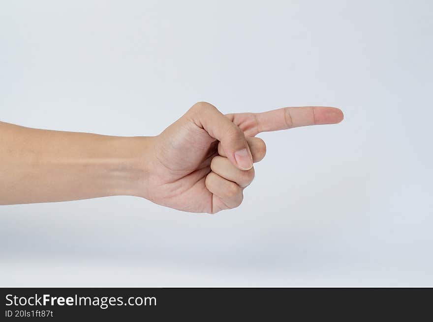 Hand showing one fingers gesture on white
