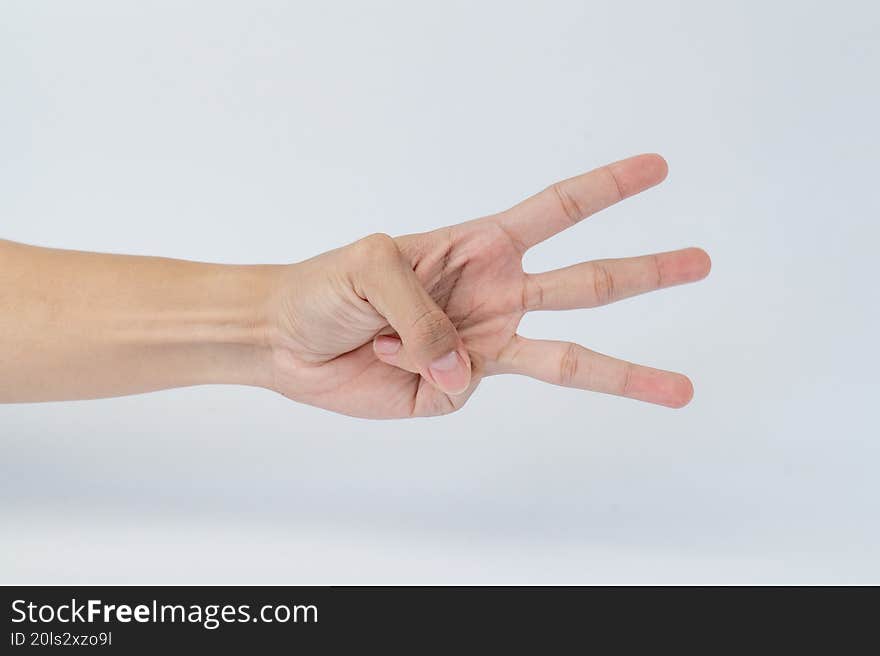 Hand showing three fingers gesture on white