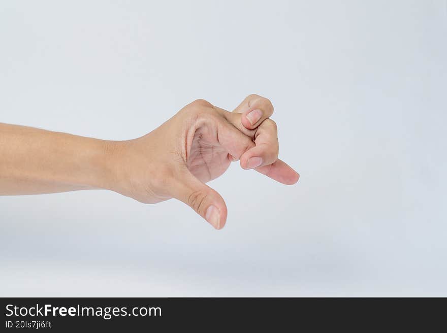 Hand showing snap finger gesture on white