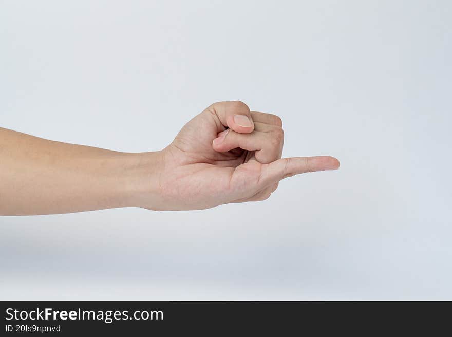 Hand pointing forward gesture on white