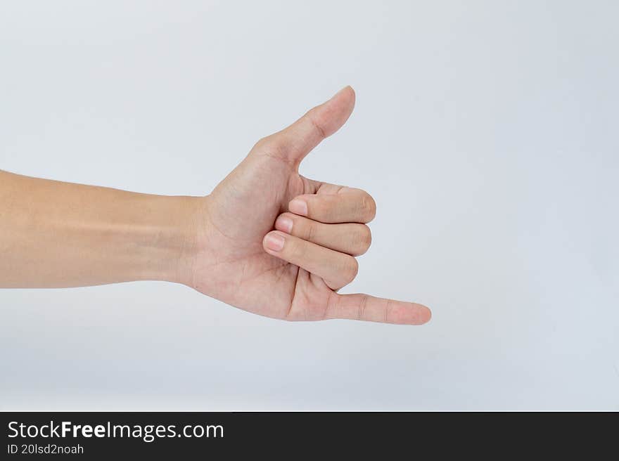 Hand showing shaka sign on white background