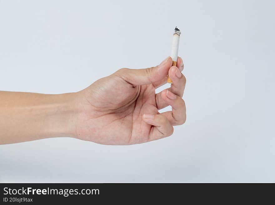 Hand holding small cigarette on white background