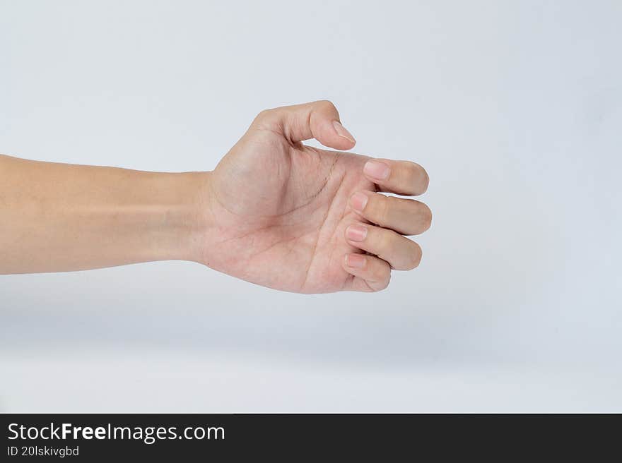 Hand making holding gesture on white background