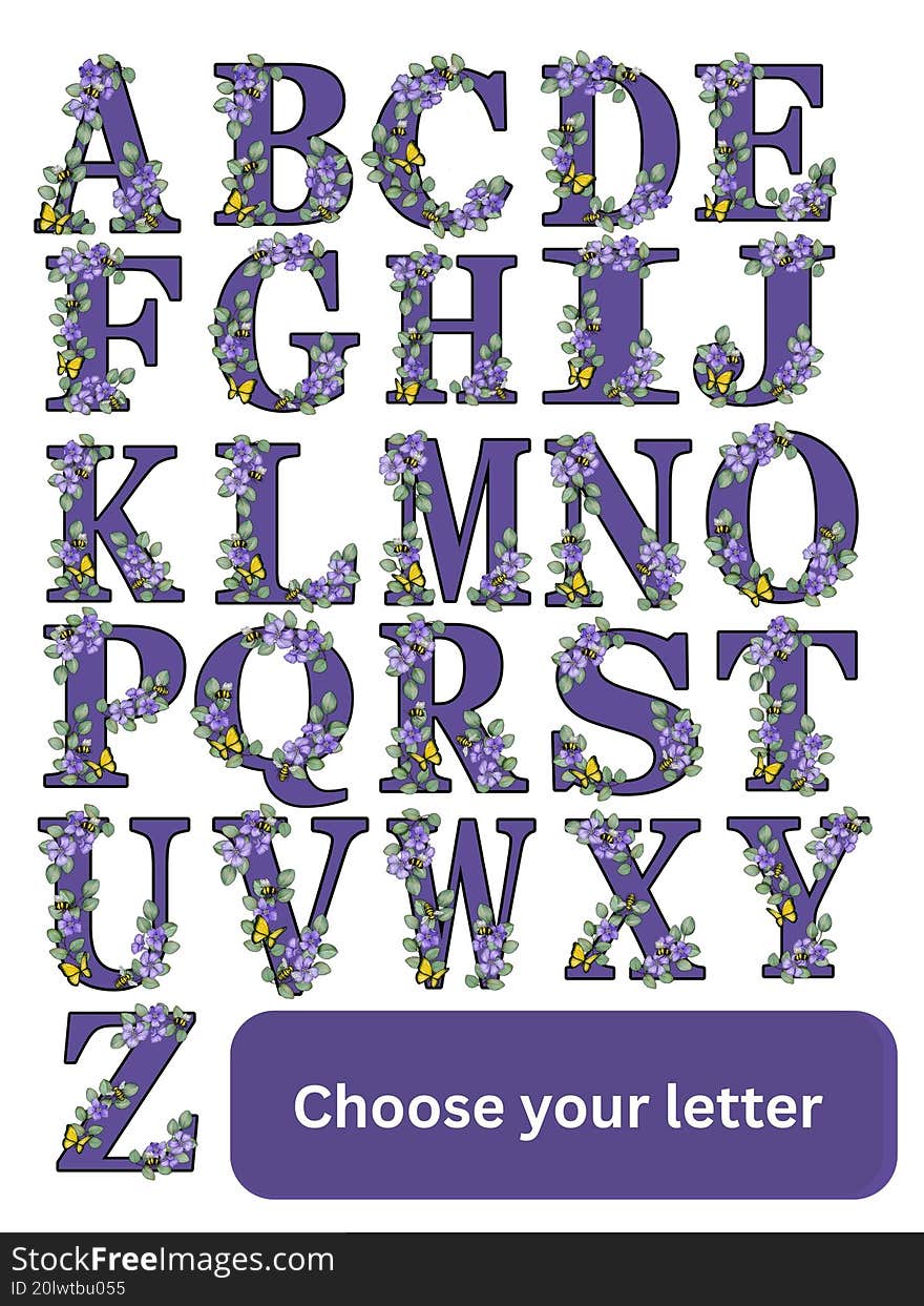 Alphabet Letters Decorated with Flowers and Bees