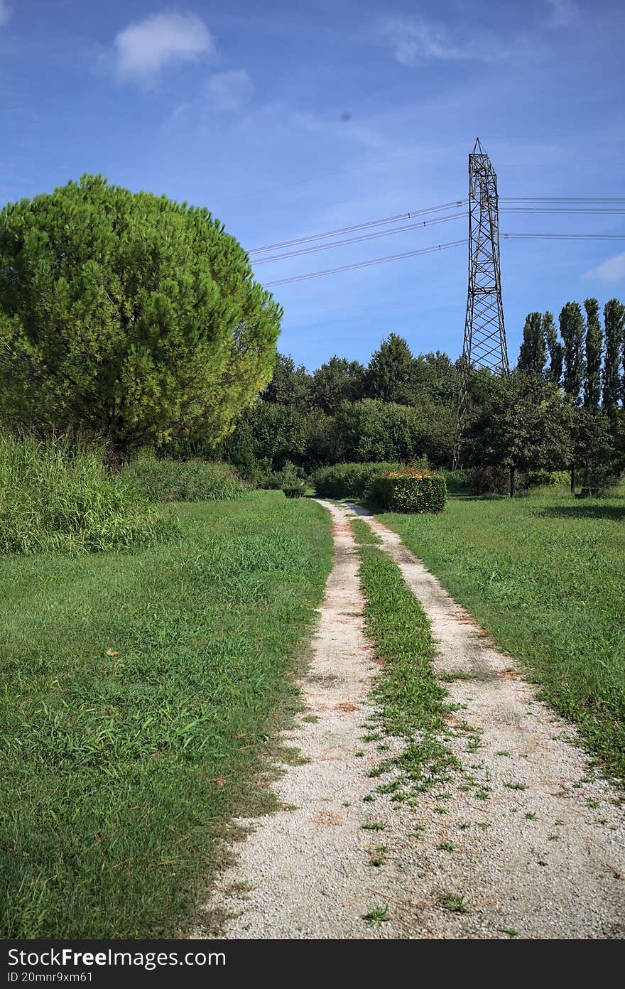 Rock trail in a park with trees bordering it and an electricity mast in the background on a sunny day in the italian countryside. Rock trail in a park with trees bordering it and an electricity mast in the background on a sunny day in the italian countryside