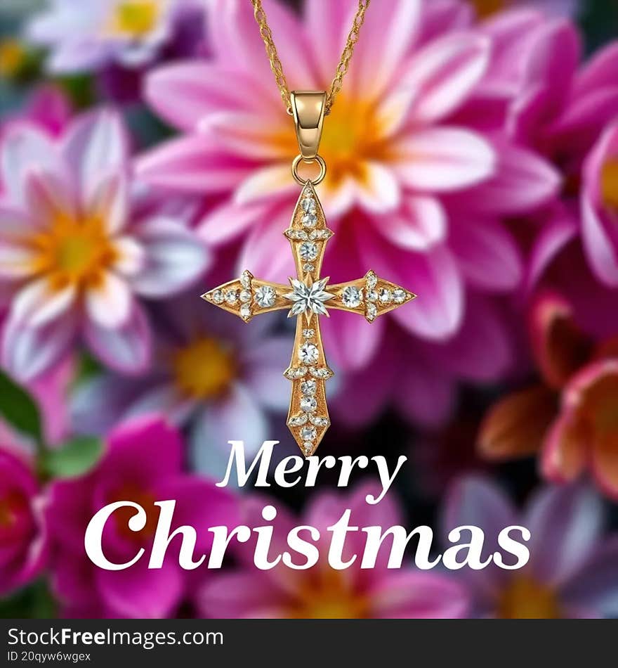 Diamond Cross with a Merry Christmas background AI generated