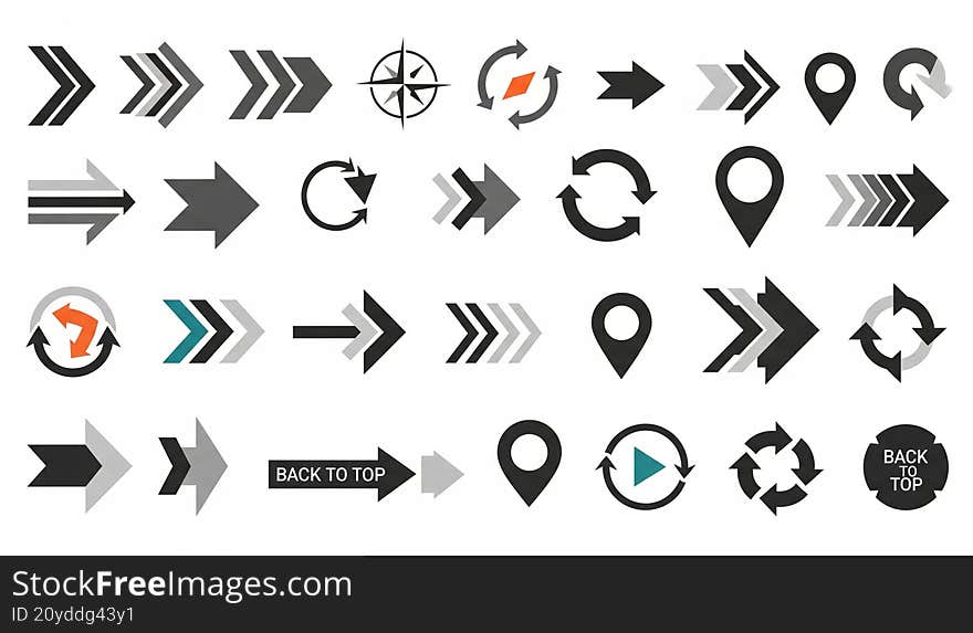 Set Of Modern Arrow Icons, Navigation Pointers, And Direction Symbols In Minimal Flat  Design. Includes Loop Arrows, Compass