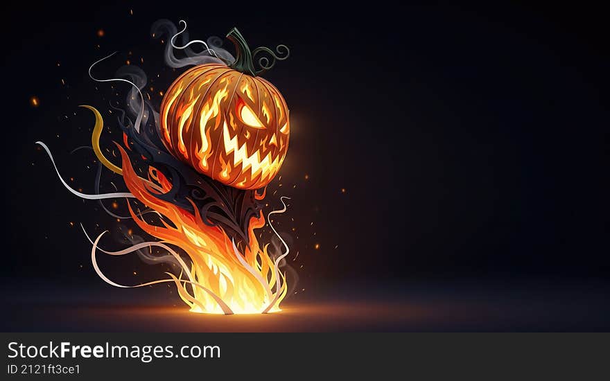 A spooky and fiery Halloween pumpkin lantern, glowing with intense flames in the darkness, perfect for holiday themes.