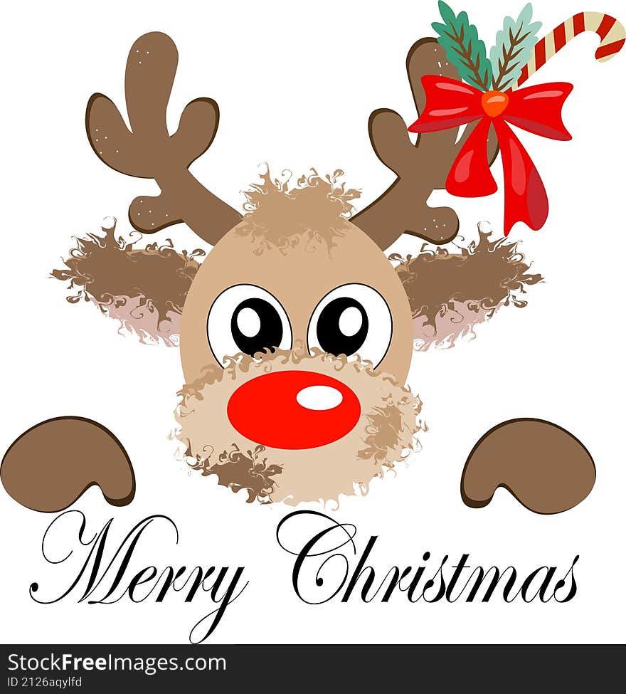 Cute  Illustration Of Christmas Reindeer Rudolph S Head With A Big Red Nose And Fluffy Fur, Decorated With A Candy Cane And