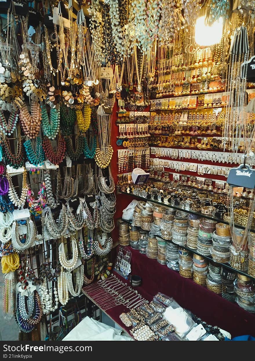beautiful pieces of jewelery displayed in an Indian shop market