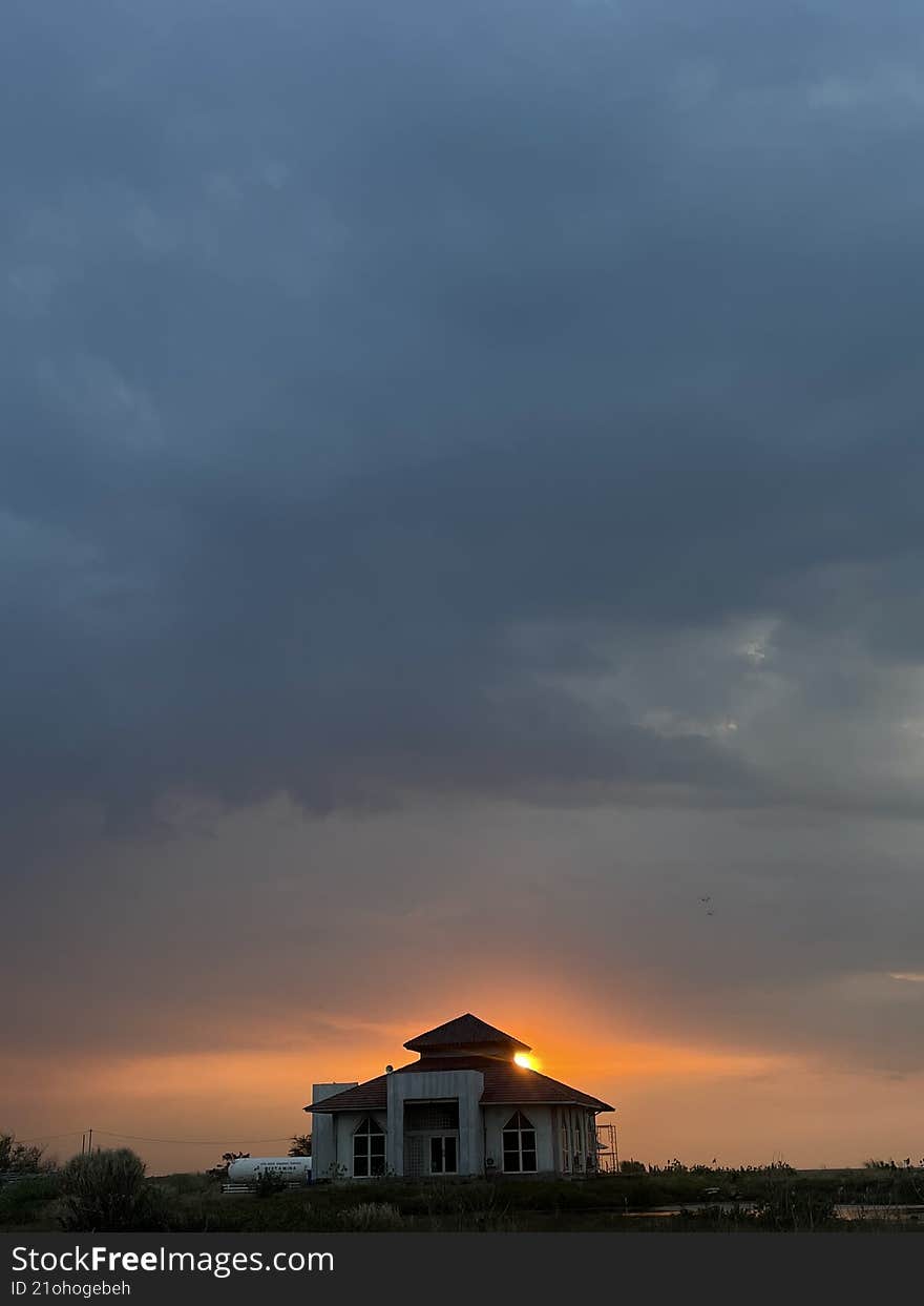 Mosque Silhouette at Sunset, Cloudy Sky