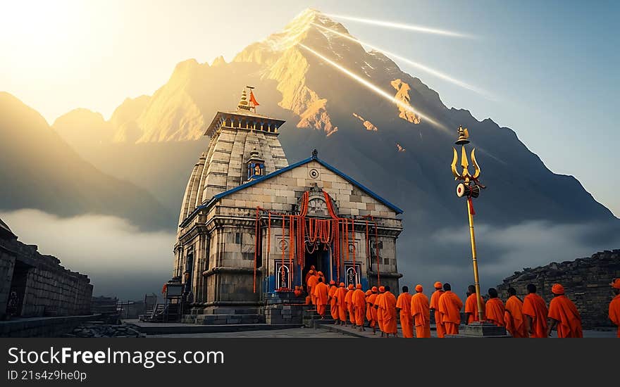 A group of pilgrims in saffron robes walks towards a stone temple, with a majestic, sun-kissed mountain range in the background. Created Ai. A group of pilgrims in saffron robes walks towards a stone temple, with a majestic, sun-kissed mountain range in the background. Created Ai