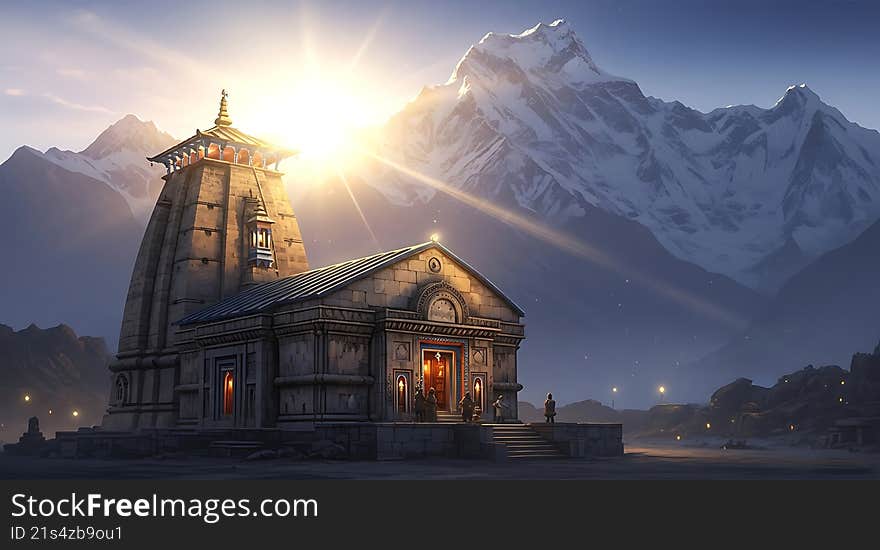 Majestic Temple Amidst Snow-Capped Mountains at Sunrise