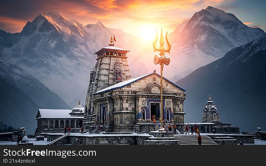 The ancient Kedarnath Temple stands majestically against a backdrop of snow-covered Himalayan peaks, bathed in the warm glow of sunrise. Created Ai. The ancient Kedarnath Temple stands majestically against a backdrop of snow-covered Himalayan peaks, bathed in the warm glow of sunrise. Created Ai