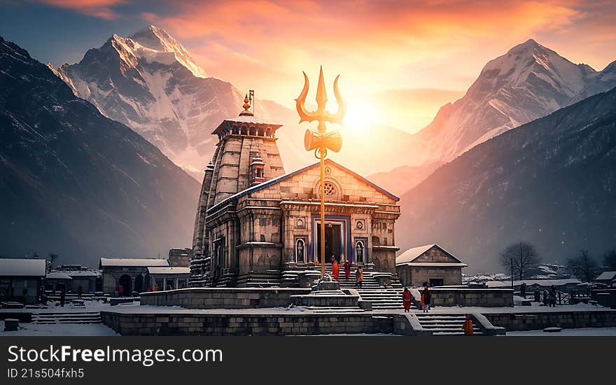 Kedarnath Temple Amidst Snow-Capped Mountains at Sunrise