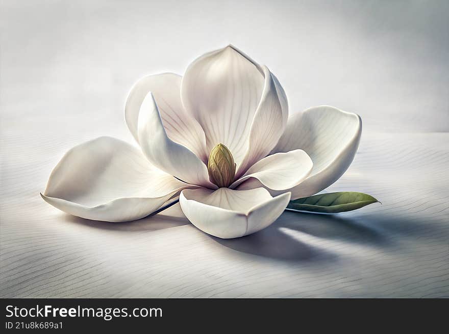 Elegant close-up of a white magnolia flower lying on a smooth, neutral background. The gentle lighting highlights the delicate pet