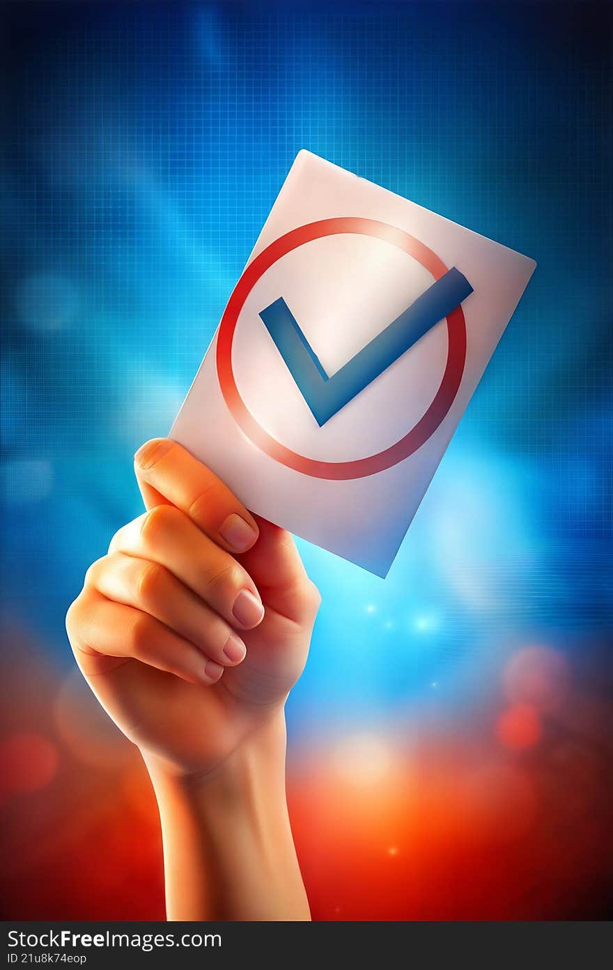 Conceptual illustration showing a human hand holding a white card with a blue check mark symbol on a vibrant glowing background. R