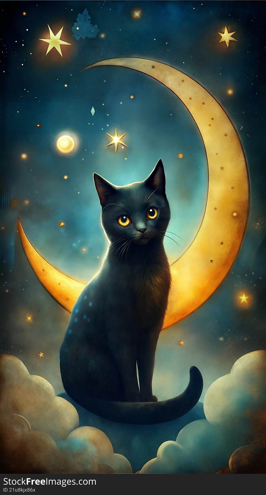 Whimsical fantasy illustration of a black cat sitting gracefully on a golden crescent moon surrounded by stars and soft clouds. Th