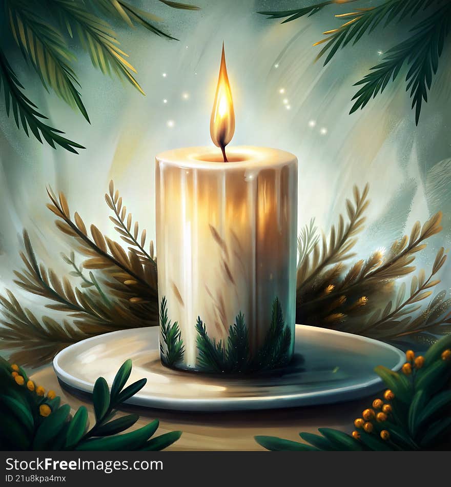 Cozy festive illustration featuring a lit candle surrounded by pine branches and soft glowing light. The scene evokes warmth and s