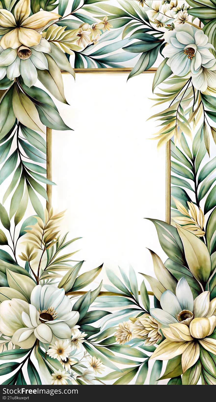 Elegant vertical floral border with white blossoms and soft green leaves surrounding a light central background. The golden frame