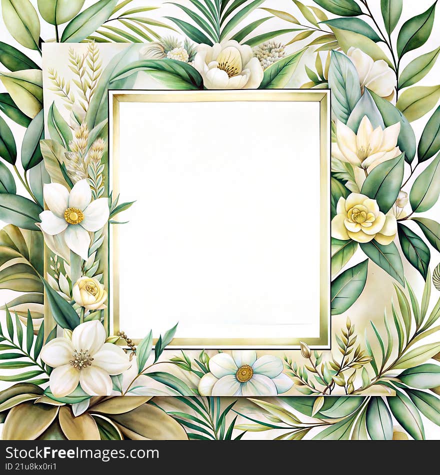 Elegant floral frame decorated with white flowers and lush green leaves on a light background. The golden border adds a touch of s