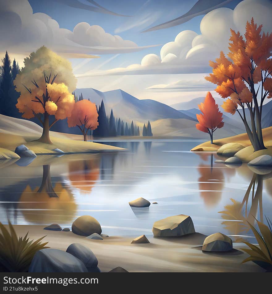 Beautiful autumn landscape with a calm lake surrounded by colorful trees and distant mountains under a cloudy sky. The warm tones