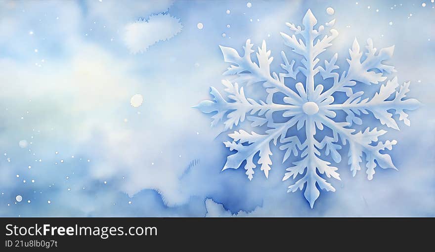 Beautiful delicate snowflake on a soft blue watercolor winter background. The frosty crystal details shimmer in the cold light, symbolizing the beauty and purity of winter. Perfect for holiday cards, winter design, backgrounds, and seasonal illustrations.