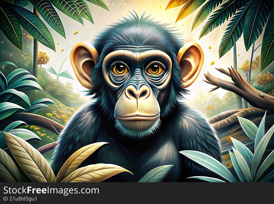 Adorable young chimpanzee surrounded by lush tropical foliage and warm sunlight. The animal s expressive face and curious gaze cre