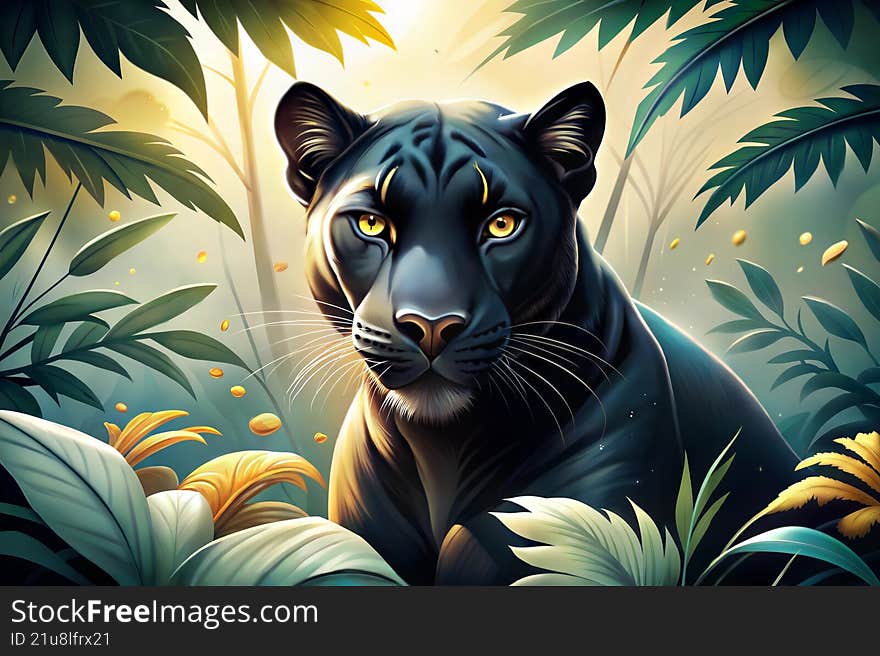 Majestic black panther resting among lush tropical plants in soft sunlight. The animal s piercing golden eyes and smooth dark fur
