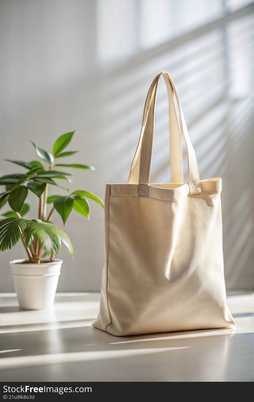 Minimalist beige eco-friendly cotton tote bag standing on a bright table near a green houseplant. Sunlight and soft shadows create a cozy natural atmosphere. Perfect concept for sustainability, zero waste lifestyle, fashion, or reusable shopping bags.