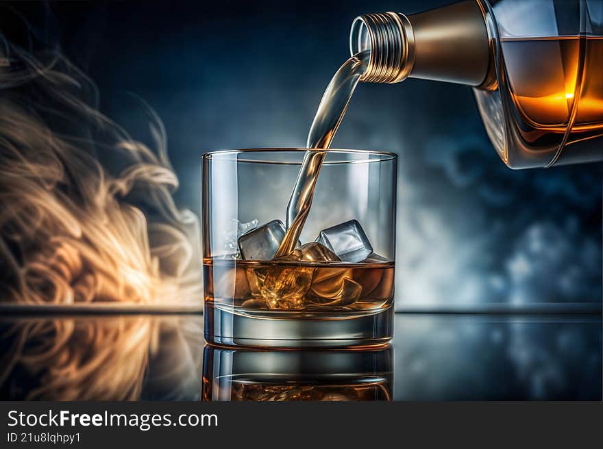 Golden whiskey being poured into a glass with ice cubes on a reflective surface, surrounded by warm light and smoky atmosphere. Elegant concept of luxury, relaxation, nightlife, or celebration. Perfect for advertising alcohol brands, bars, or premium lifestyle visuals.