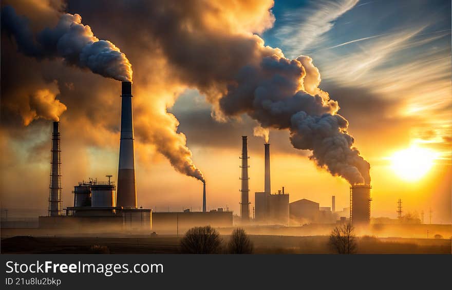Factory chimneys releasing thick smoke into the sky during sunset, symbolizing industrial pollution and environmental impact. The