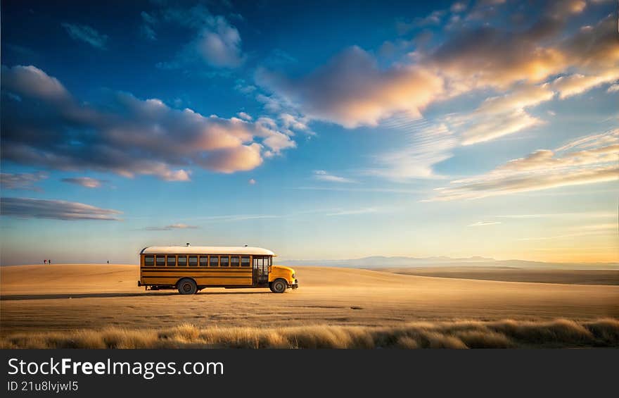 Lonely yellow school bus driving through a vast open landscape under a colorful cloudy sky at sunset. Symbol of education, travel, freedom, and adventure. Perfect for concepts related to childhood memories, rural life, transportation, or road trips.