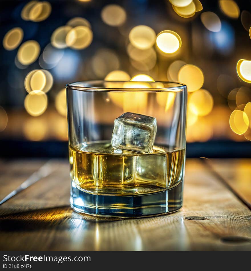 Close-up of a glass of whiskey with ice cubes on a wooden table against a blurred background of warm bokeh lights. Elegant drink p
